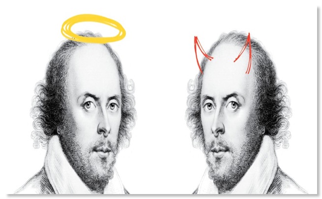 Shakespeare with a devil's horns, and an angel's halo